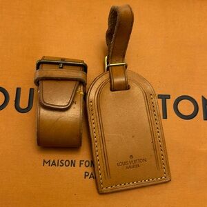 Louis Vuitton vintage Malletier large tan leather luggage tag and poignet set